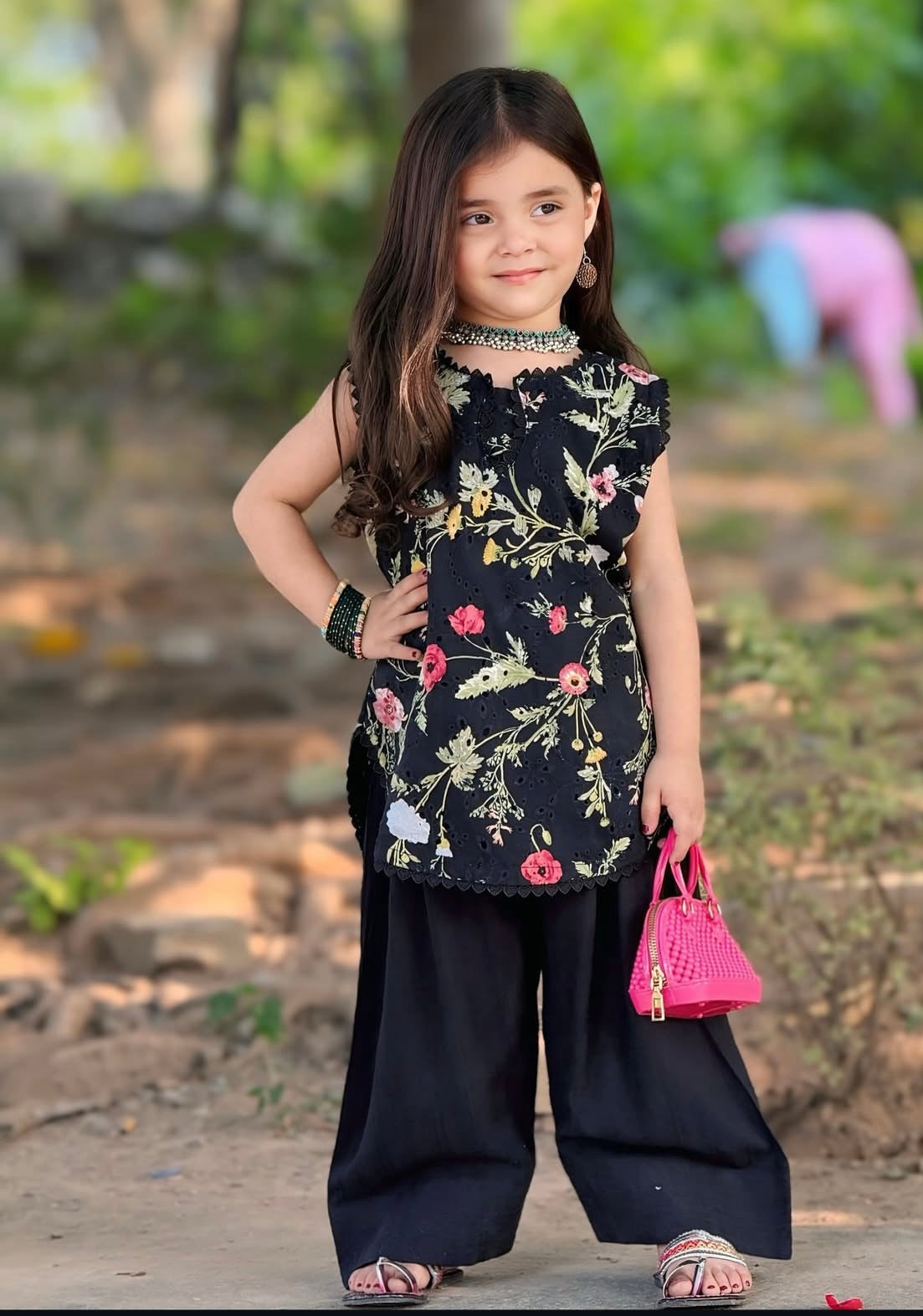 Girls' Black Chikankari Short Shirt with Farshi Shalwar