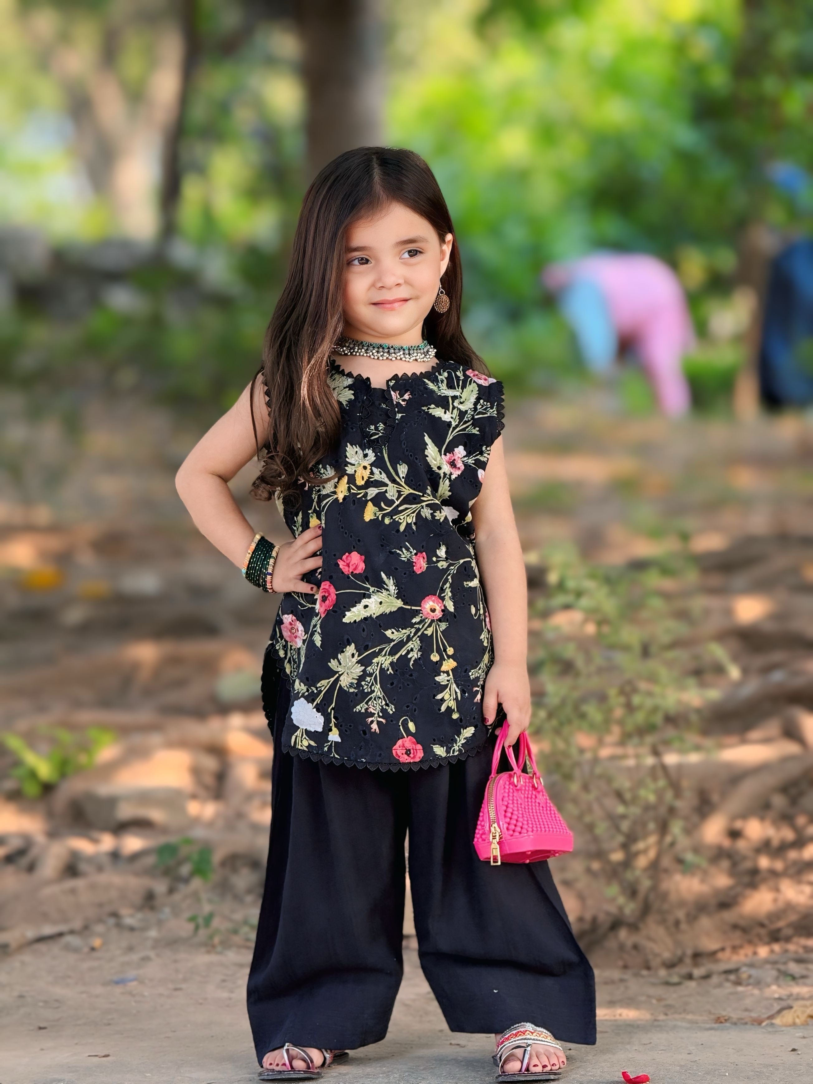 Girls' Black Chikankari Short Shirt with Farshi Shalwar