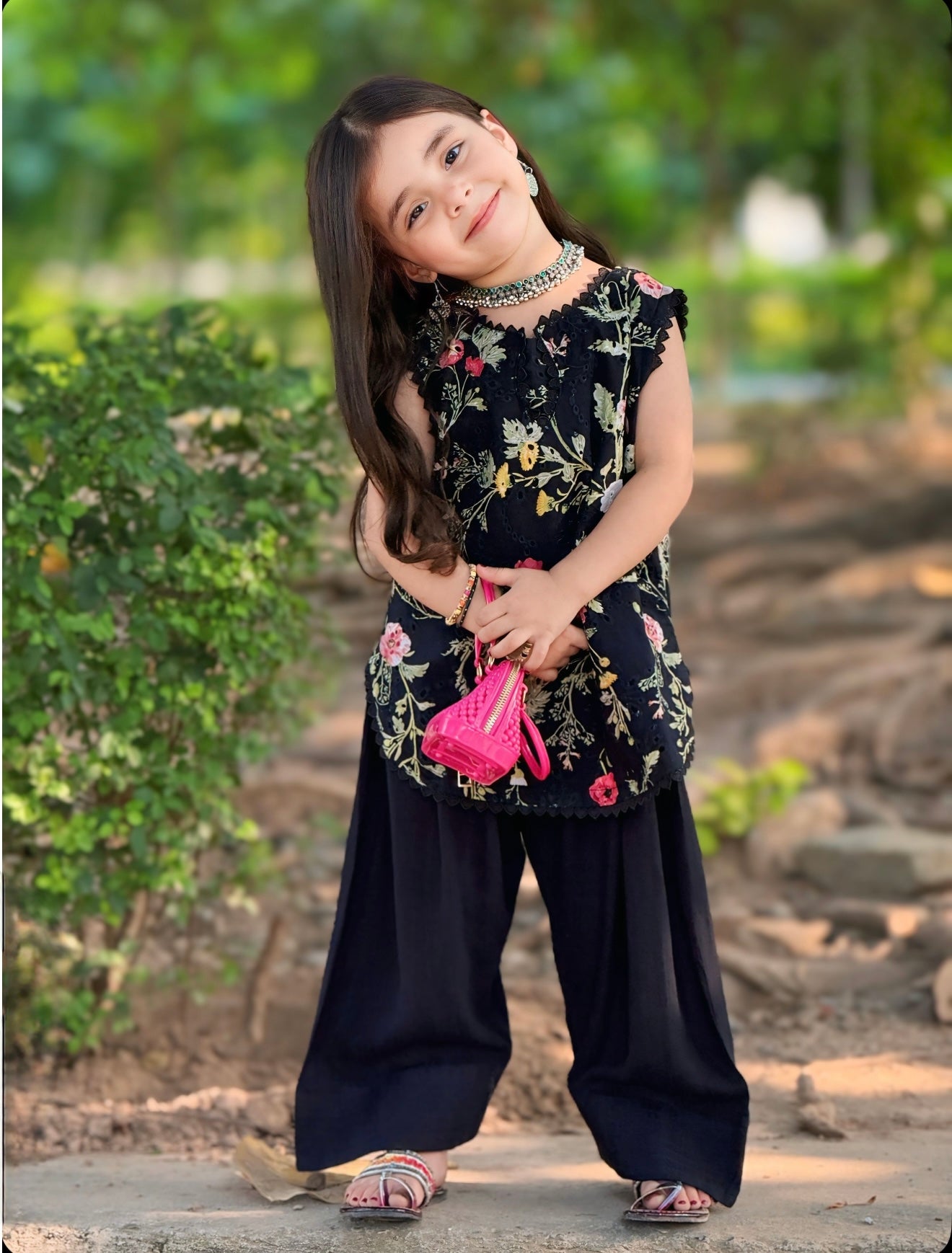 Girls' Black Chikankari Short Shirt with Farshi Shalwar