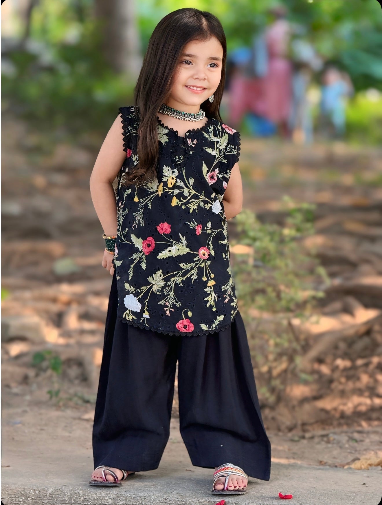 Girls' Black Chikankari Short Shirt with Farshi Shalwar