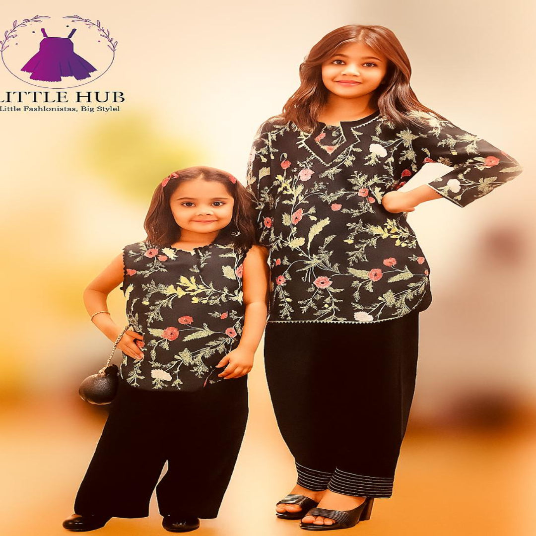 Girls' Black Chikankari Short Shirt with Farshi Shalwar