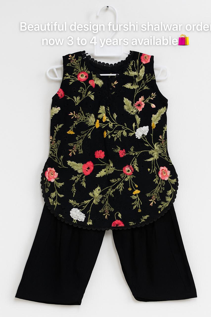 Girls' Black Chikankari Short Shirt with Farshi Shalwar