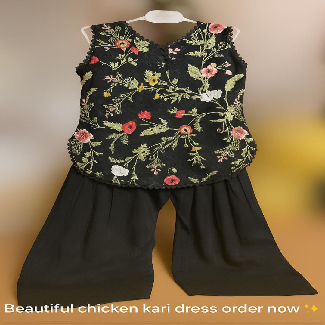 Girls' Black Chikankari Short Shirt with Farshi Shalwar