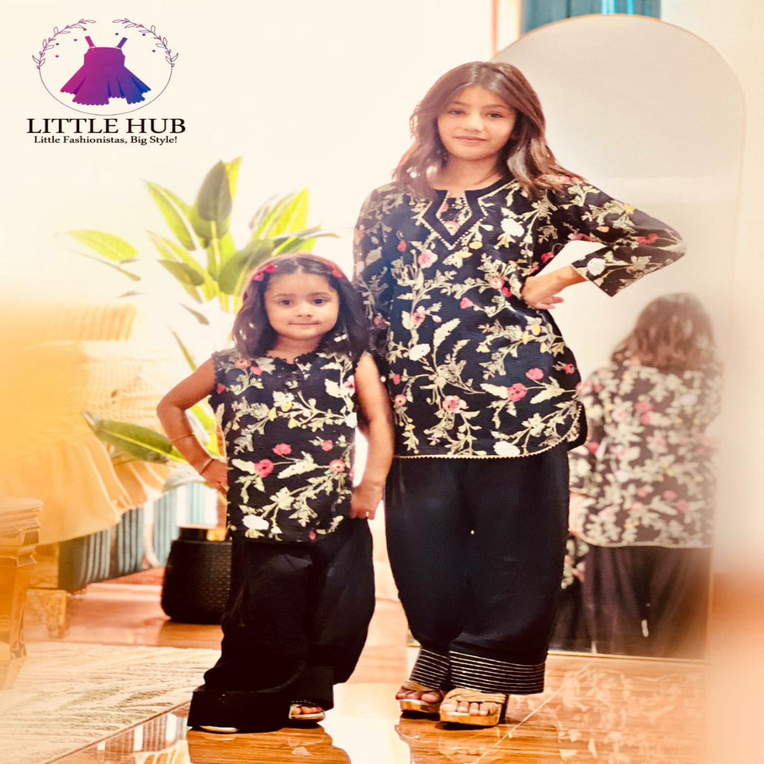 Girls' Black Chikankari Short Shirt with Farshi Shalwar