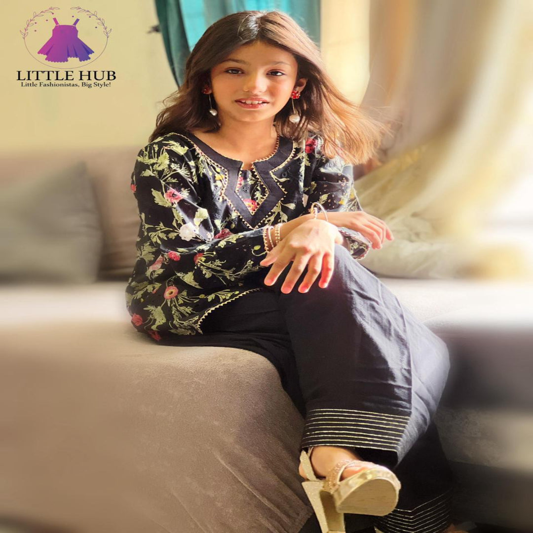 Girls' Black Chikankari Short Shirt with Farshi Shalwar