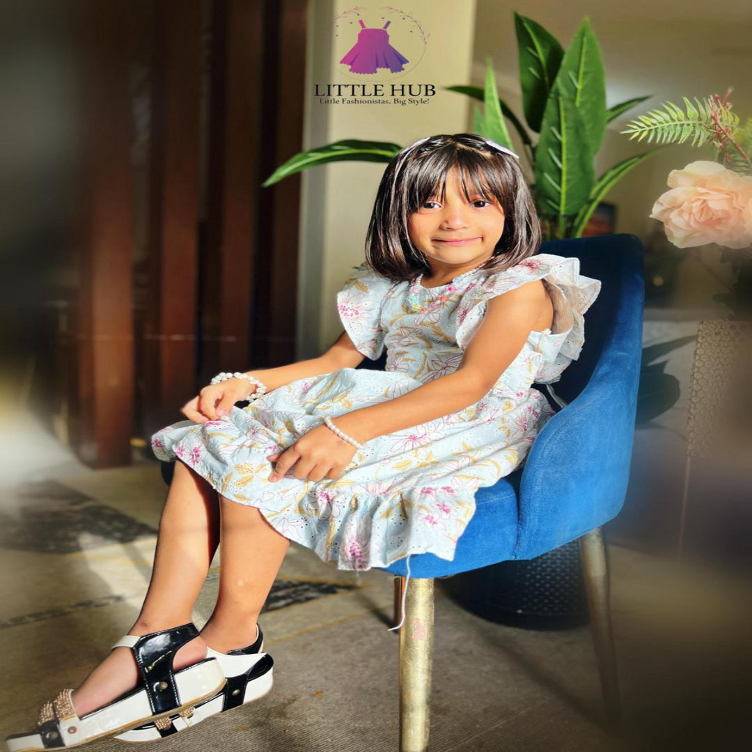 Girls' Light Blue Chikankari Frock
