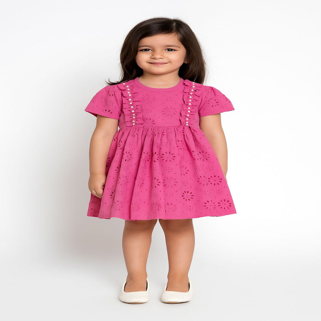 Girls' Pink Chikankari Frock with Pearl Detailing