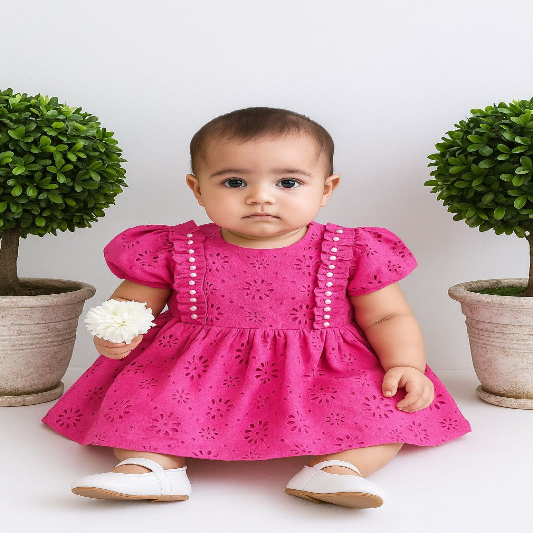Girls' Pink Chikankari Frock with Pearl Detailing